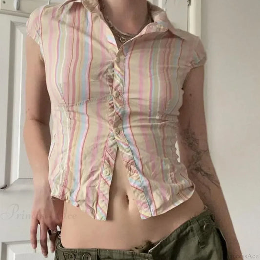 Vintage Stripe Slim Shirt Cardigan Blouse