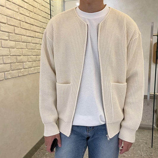 Men's Minimalist Zip-Up Cardigan with Round Neck and Ribbed Knit