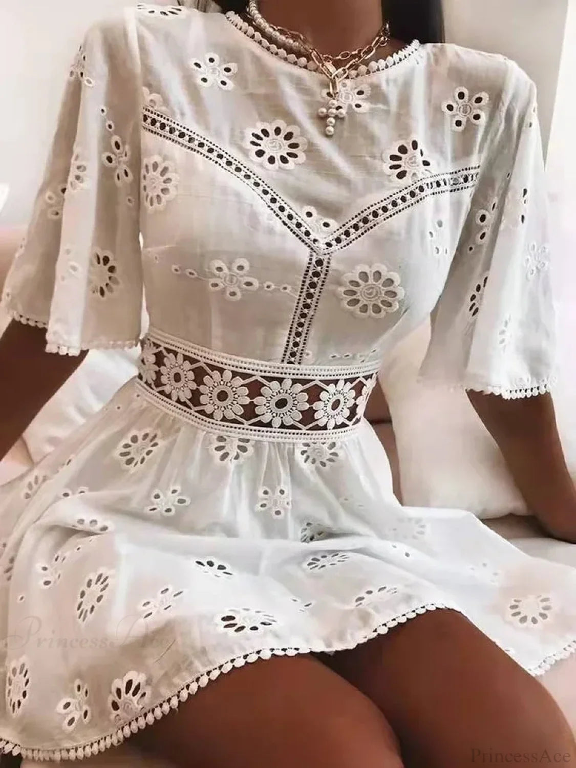 White Cotton Half Sleeve Sexy Backless Hollow Out Mini Boho Dress