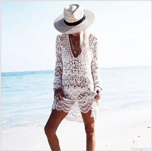White Crochet Lace Bikini Boho Beach Cover up