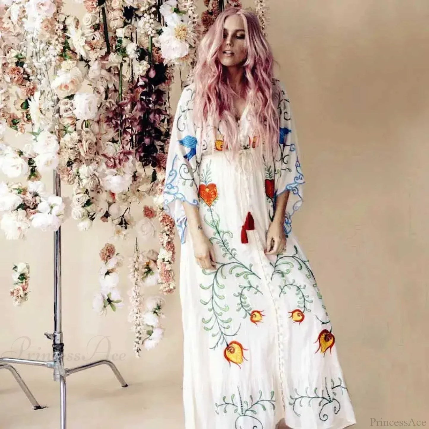 White Maxi Dress Cotton Floral Embroidery Sexy V-neck Beach Dress