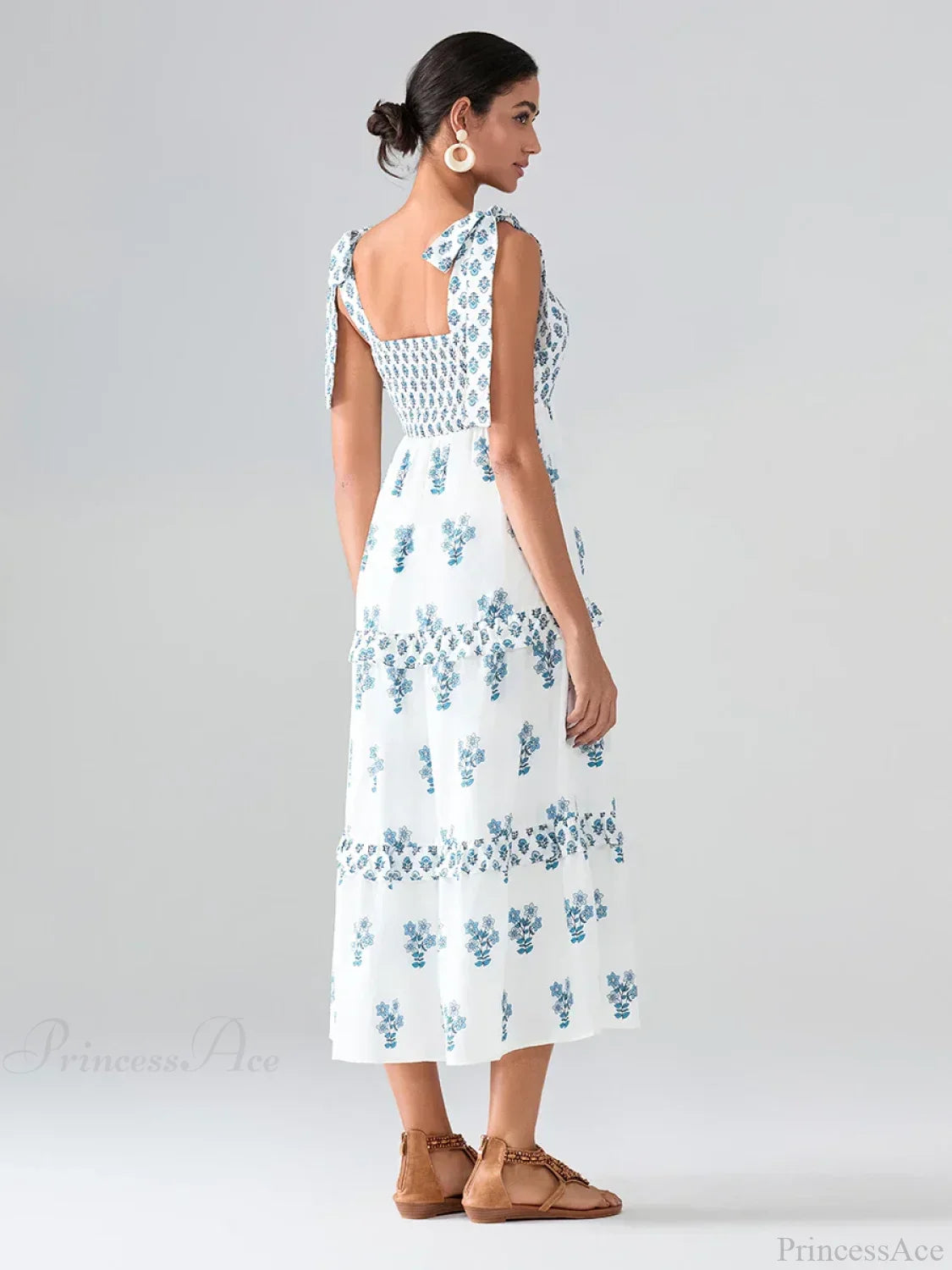 Wide Straps Flowy Floral Bohemian Beach Frill Trim Square Neck A-Line Dress