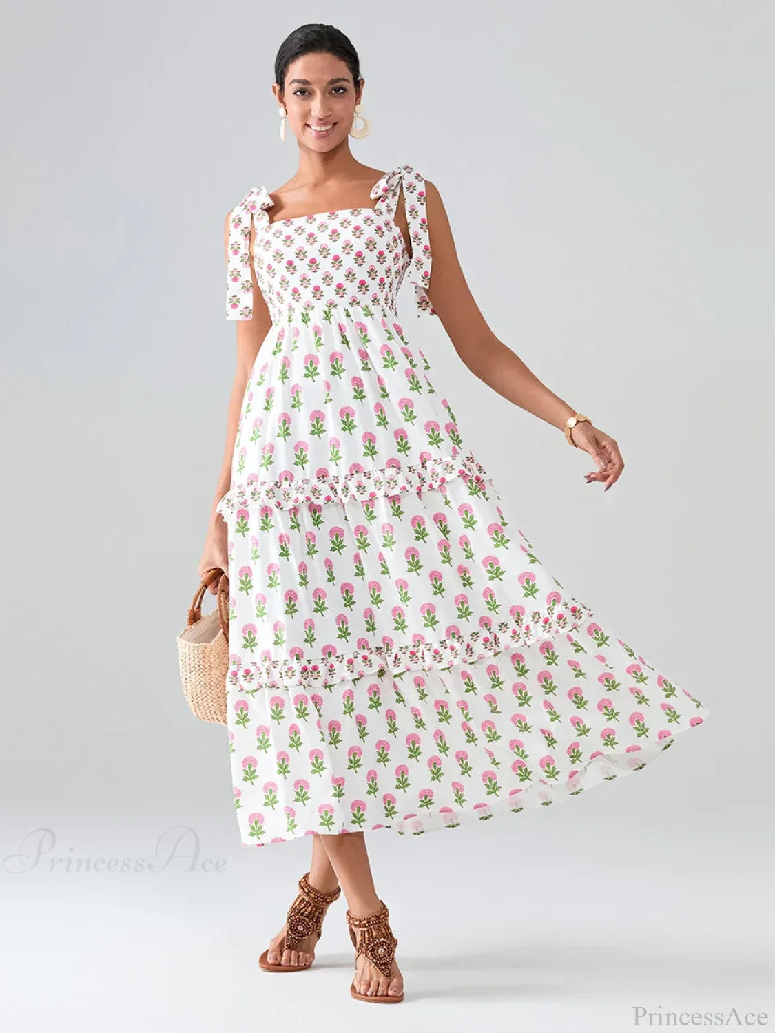 Wide Straps Flowy Floral Bohemian Beach Frill Trim Square Neck A-Line Dress