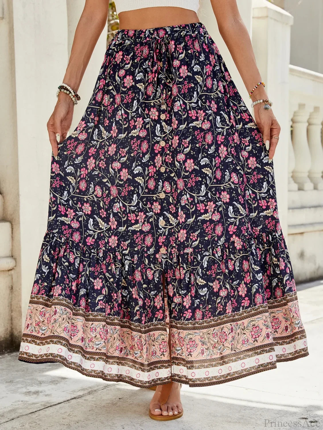 Women Boho Maxi Skirts Button Down Floral A-line Hippie Chic