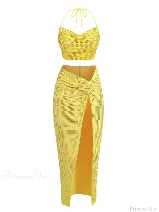 Women Diamonds 2 Piece Set Swinging Collar Crop Tops Long Skirts Party Dress