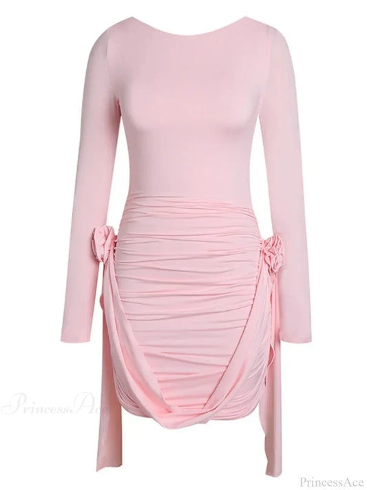 Women Pink 3D Floral Draped Mini Bodycon Dress Long Sleeves Party Dress