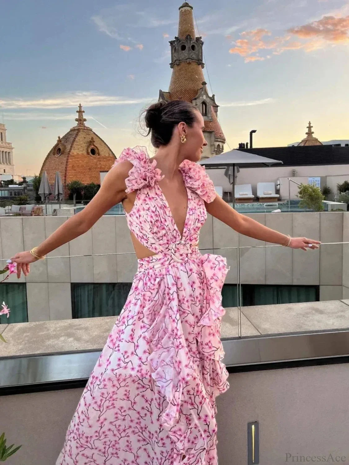 Women's Holiday Party Dresses Sexy V Neck Backless Floral Ruffle Party Dress
