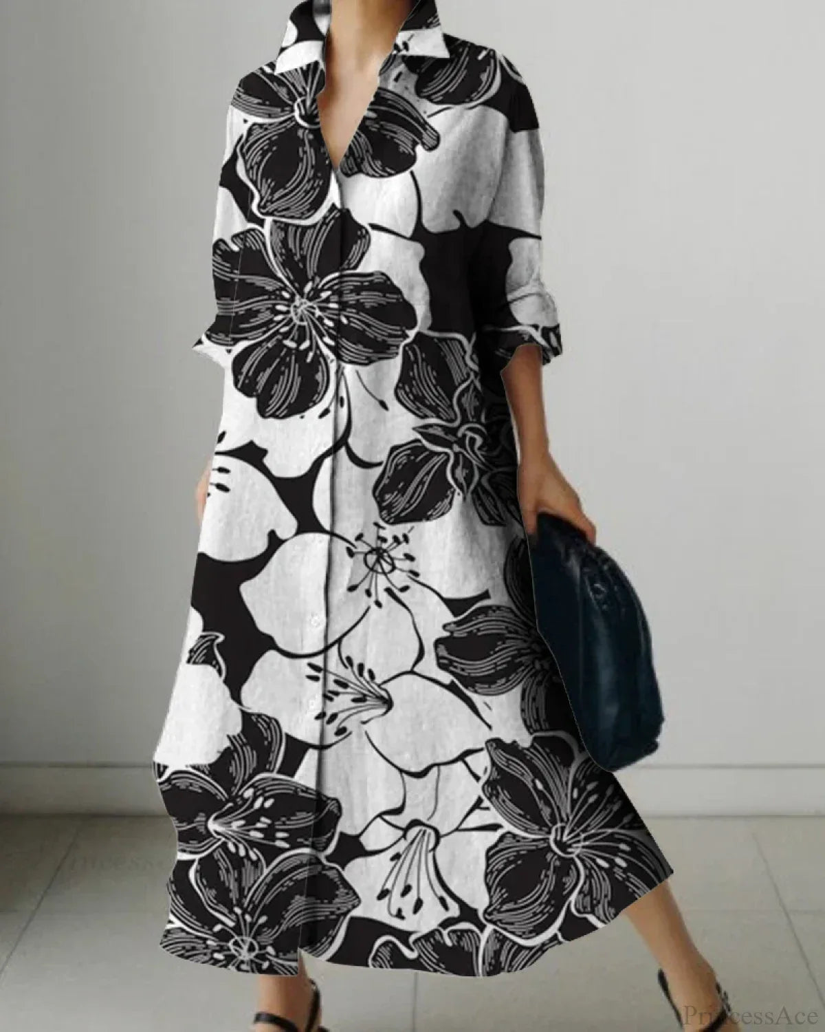 Women's Lapel Long Sleeve Floral Print Shirt Dress