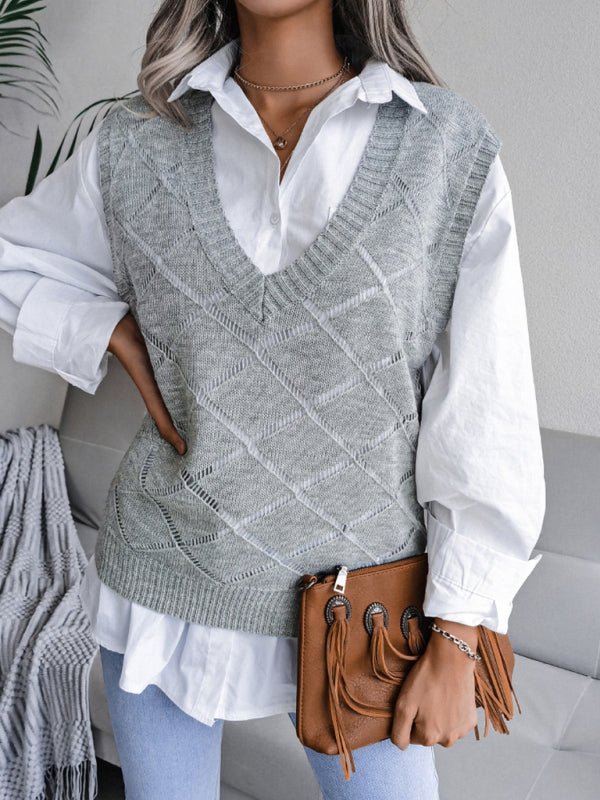 Vania® | Women'S V-Neck Hollow Diamond Casual Knitted Vest Sweater