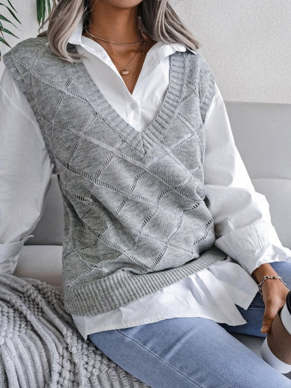 Elena® | Women'S V-Neck Hollow Diamond Casual Knitted Vest Sweater