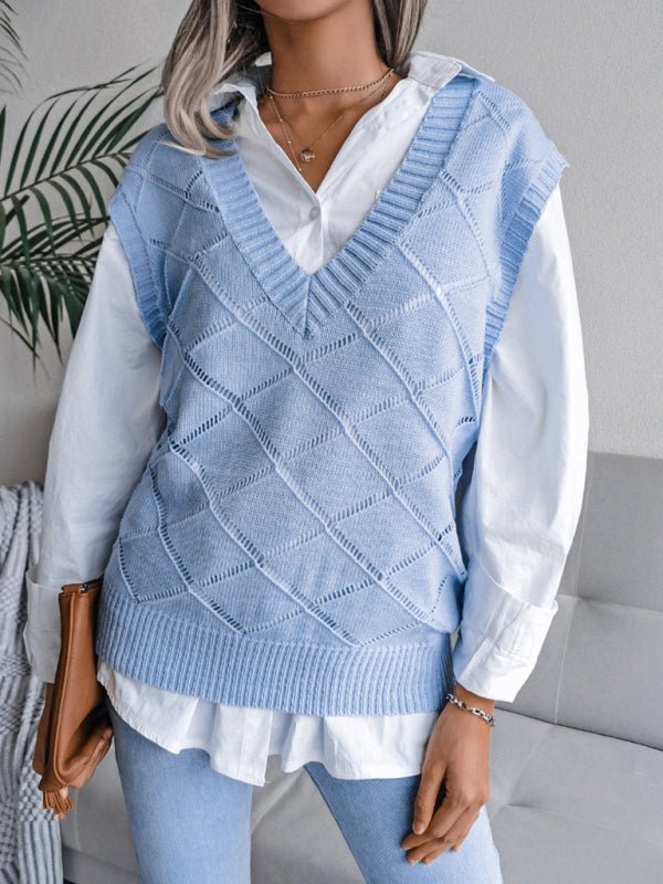 Vania® | Women'S V-Neck Hollow Diamond Casual Knitted Vest Sweater