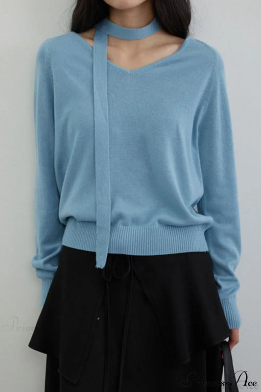Wool V-Neck Oversized Long-Sleeve Knit Top
