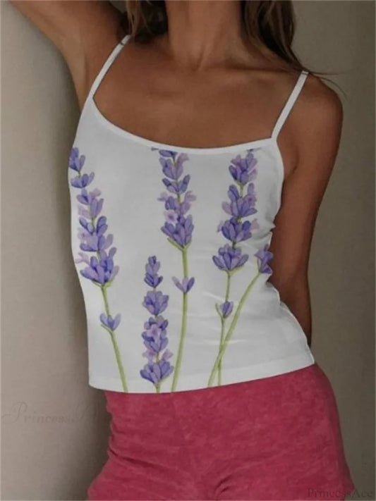 Y2K Flower Print Slim Strap Tank Crop Top