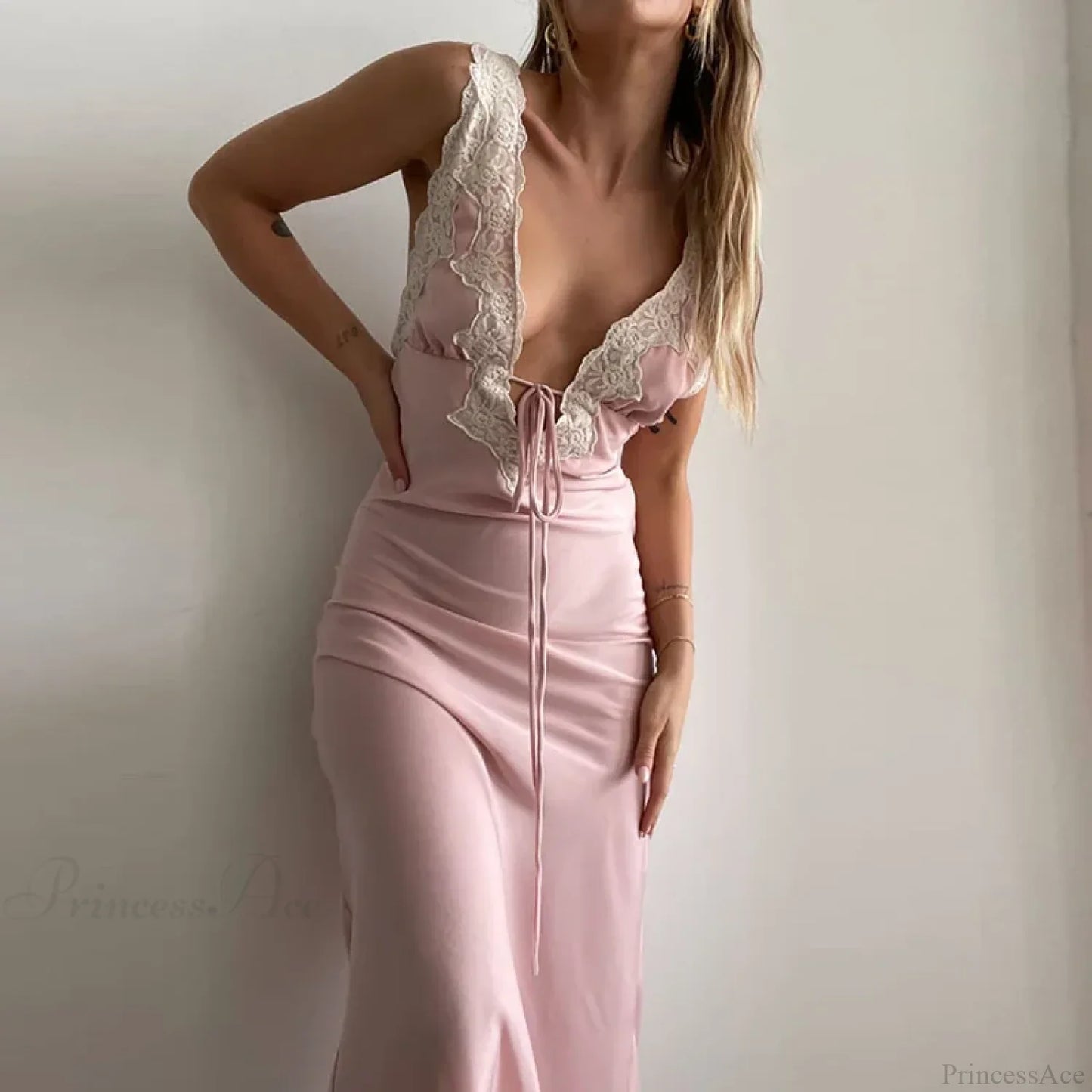 Y2K Lace Trim Long Vacation Dress
