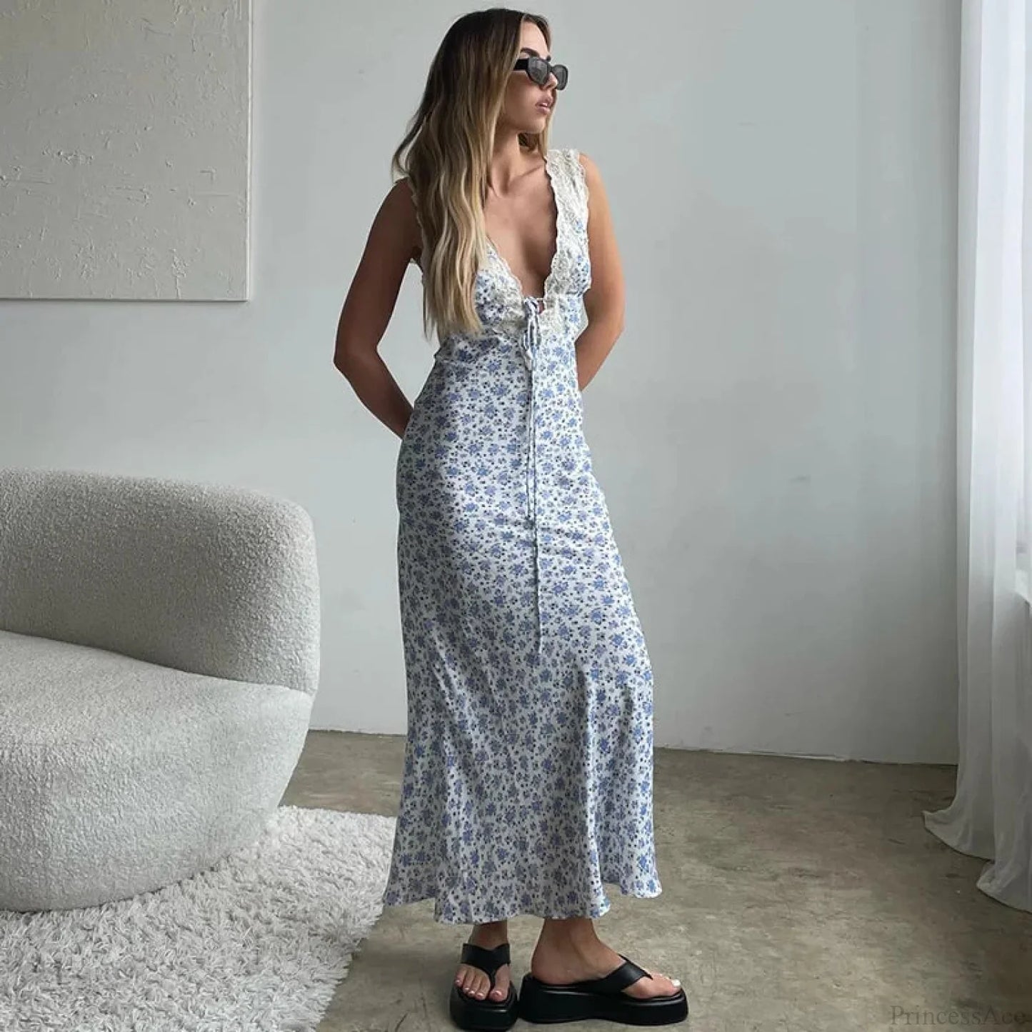 Y2K Lace Trim Long Vacation Dress